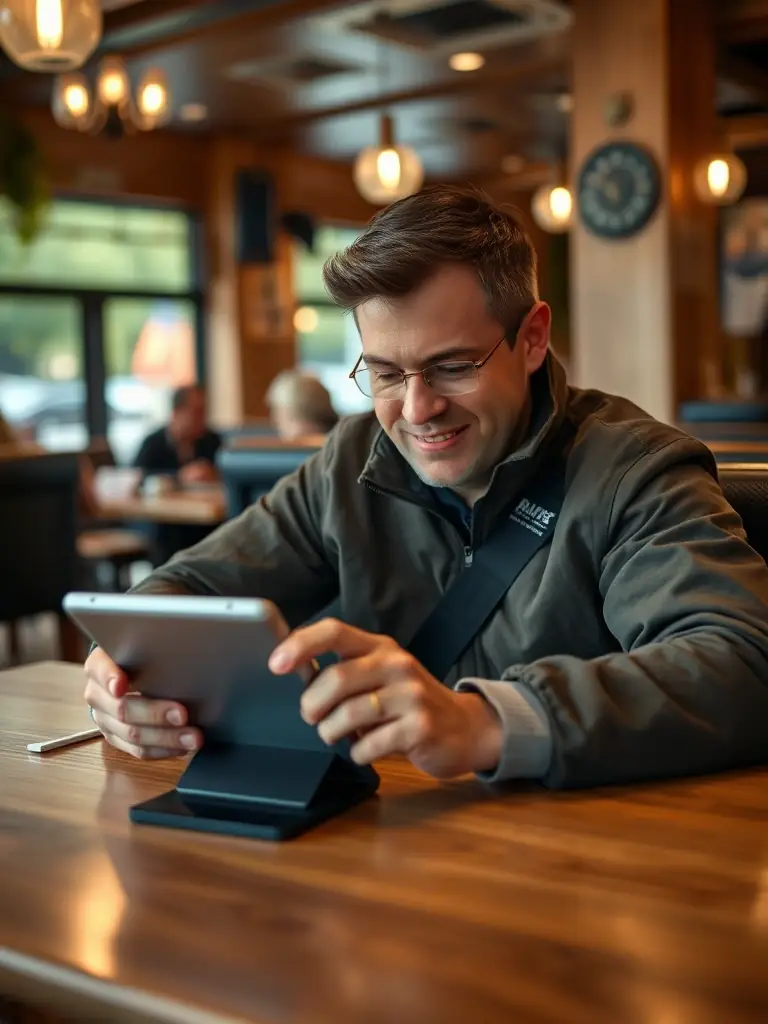 A driver reviewing payment options on a tablet, illustrating the convenience and flexibility of Tranz America's payment system.