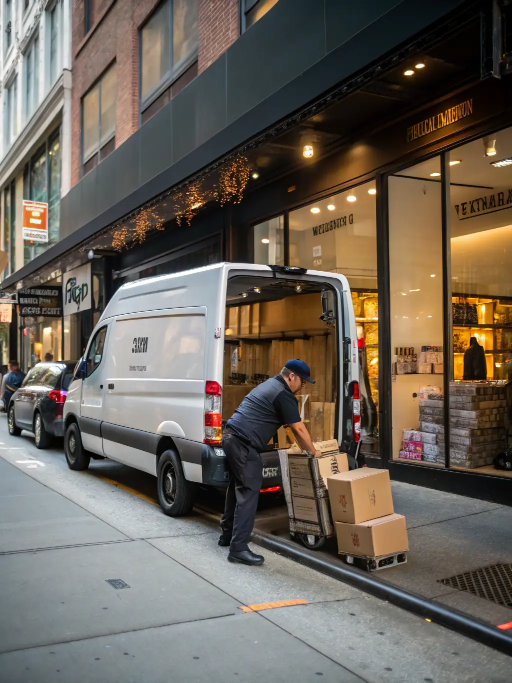 A straight truck delivering goods to a store in a bustling city, emphasizing its maneuverability and suitability for urban deliveries.