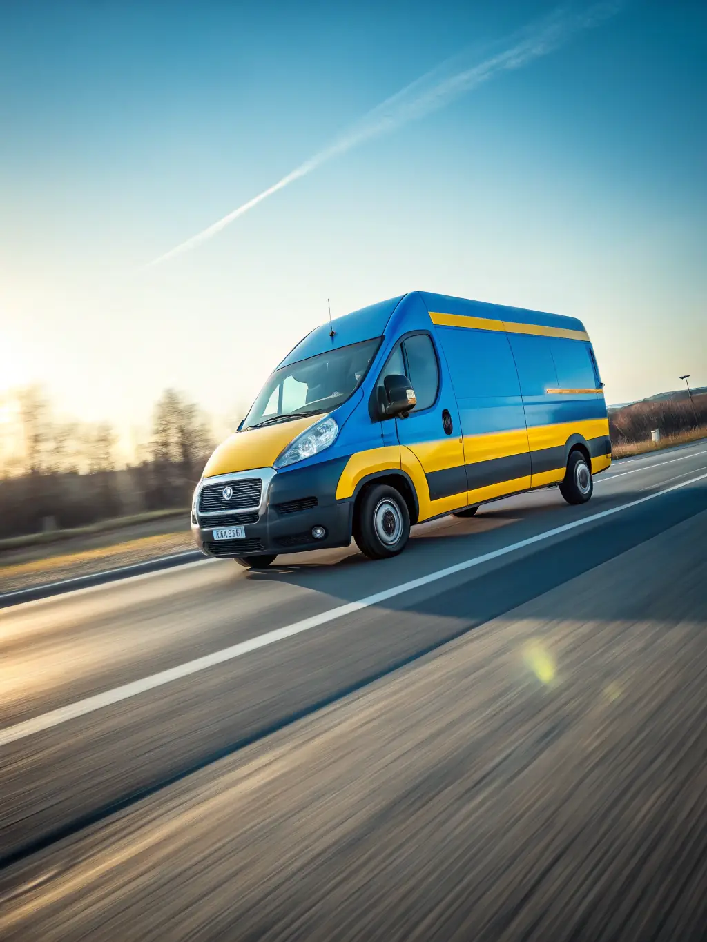 A sprinter van speeding down a highway, highlighting its speed and efficiency for smaller, time-sensitive deliveries.