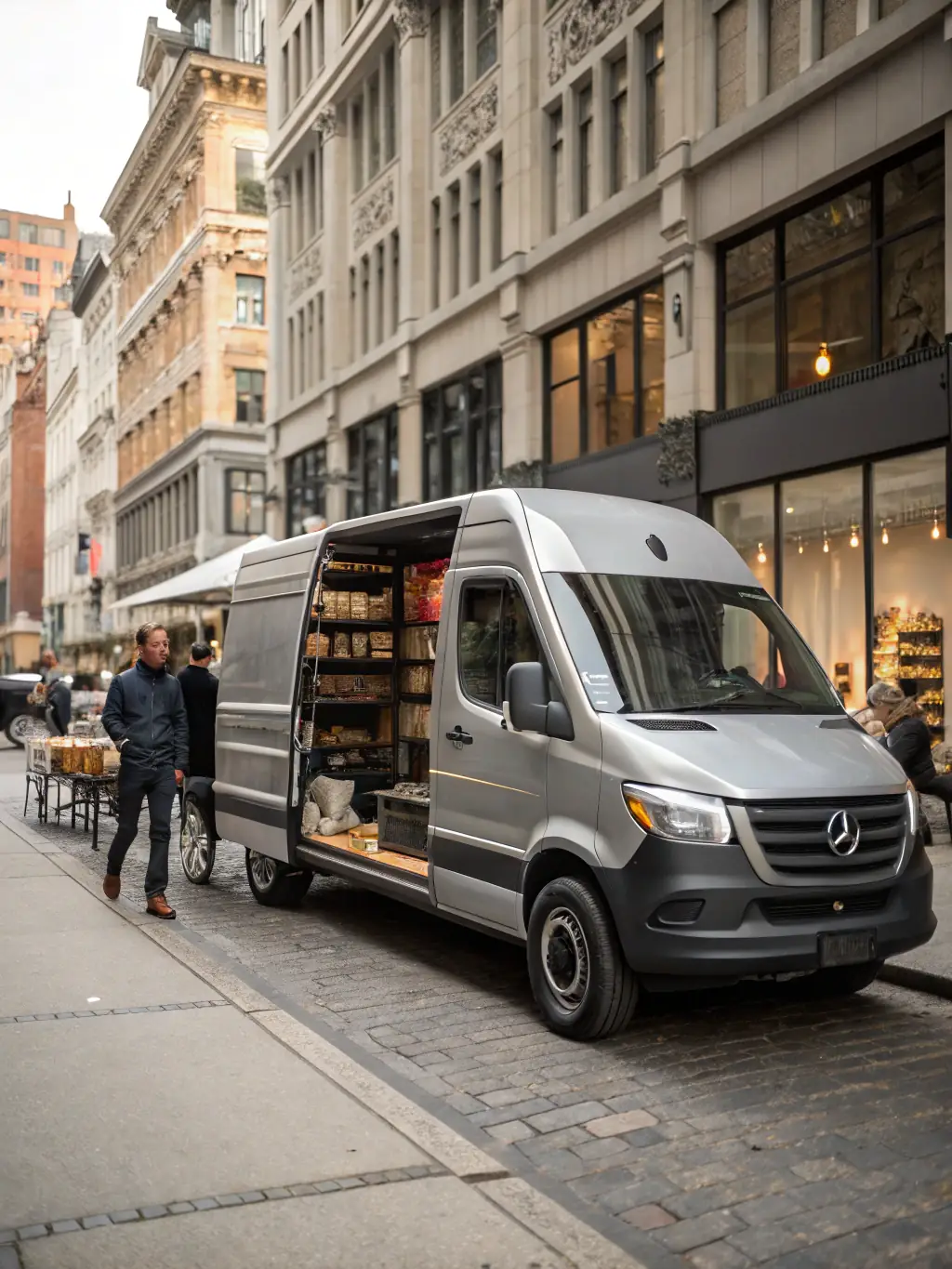 A sprinter van making a delivery in a busy urban area, highlighting the agility and speed of sprinter van services.